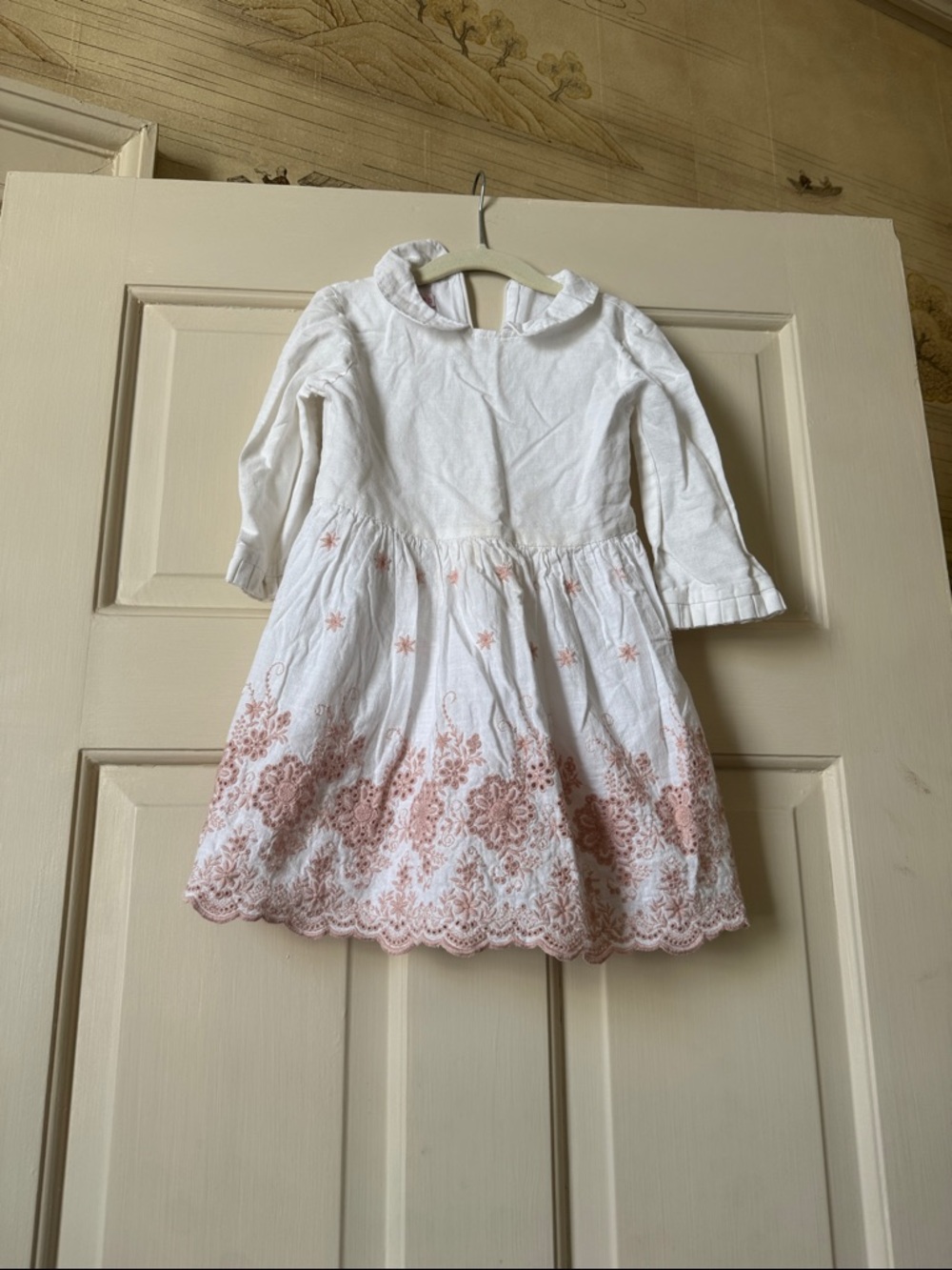 White Girls' Long-Sleeve Dress with Blush Embroidery